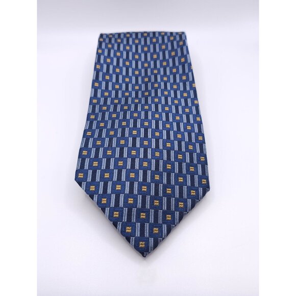 Hickey-Freeman Collection Mens Silk Tie Blue & Yellow Geometric Pattern Made In - Picture 1 of 10